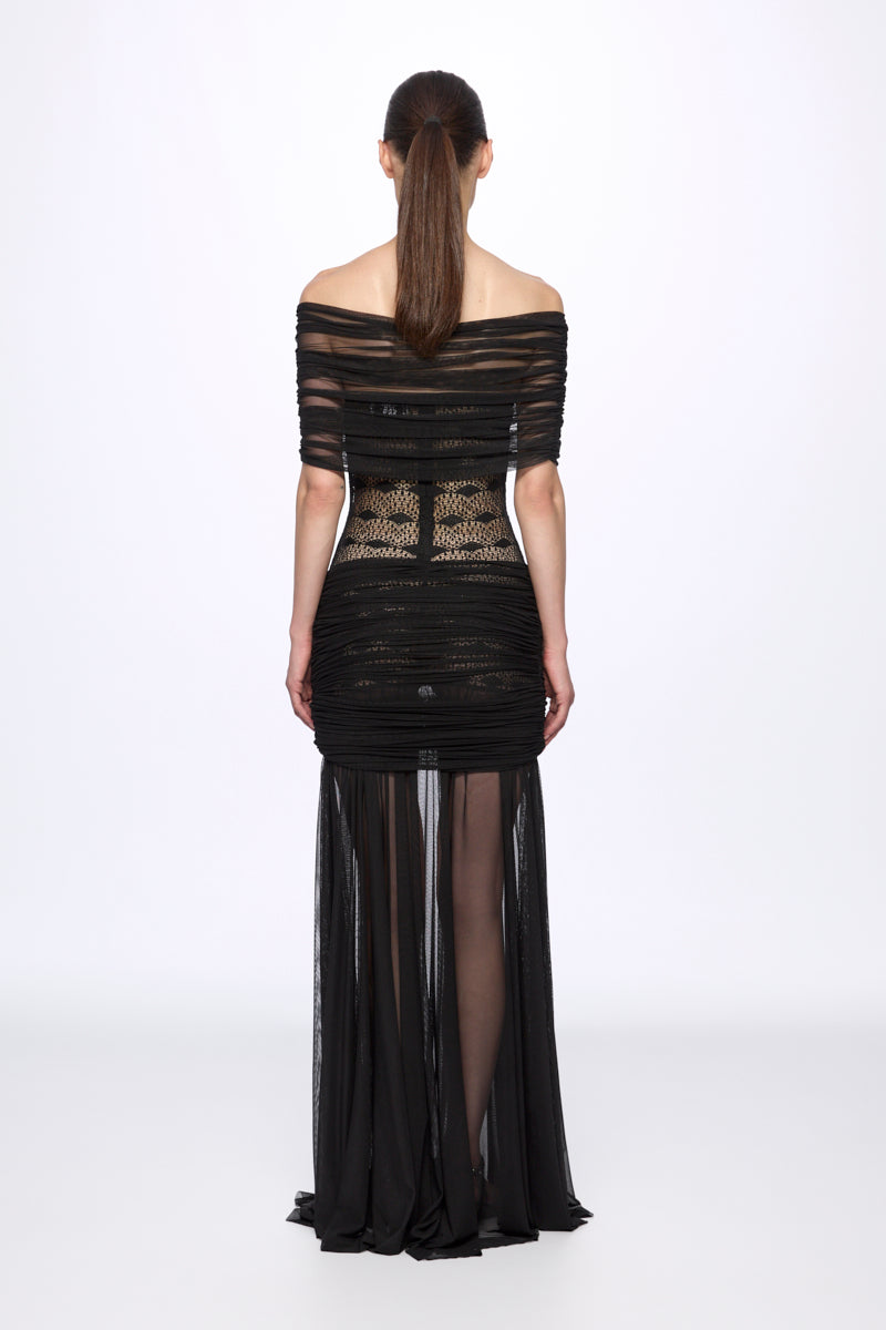 ATU Body Couture Long robe maxi noir dentelle épaules nues S
