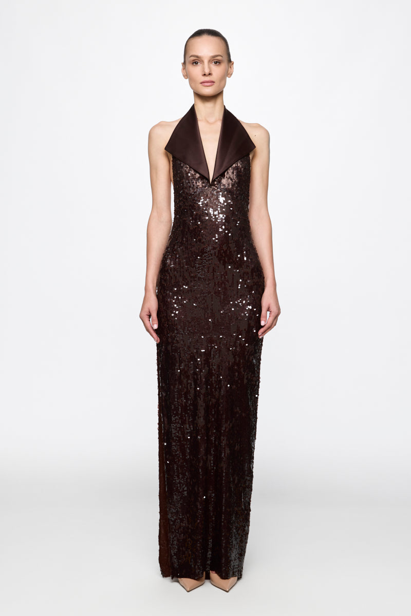 ATU Body Couture robe midi marron sequins col satin