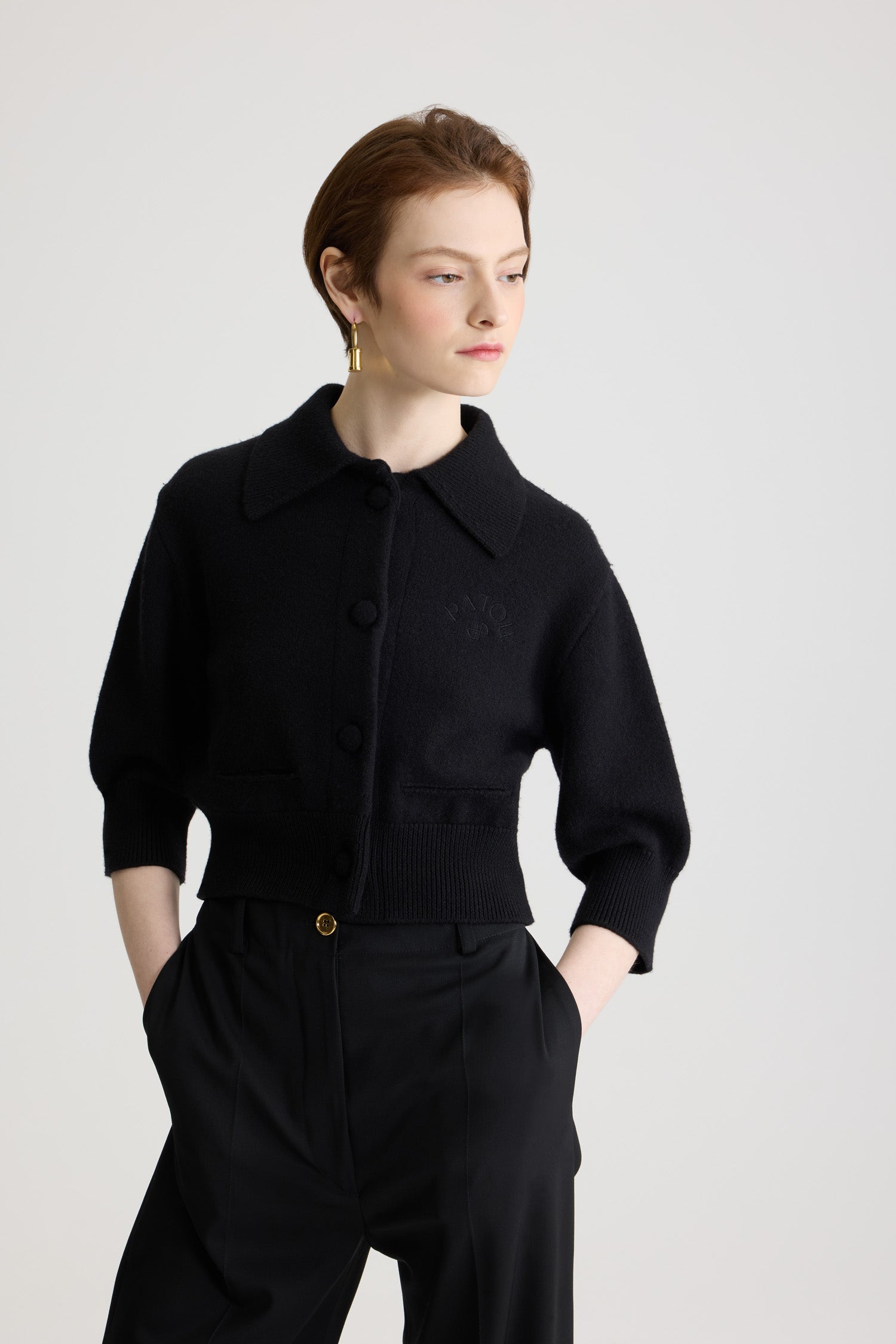 Patou KN290 cardigan court Black laine mérinos XS-XL