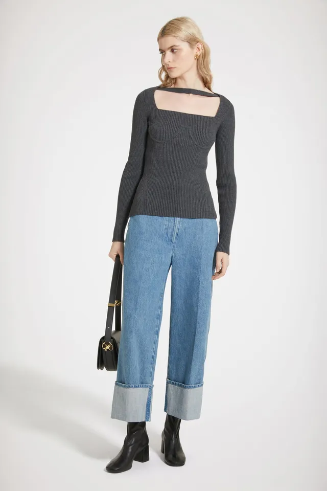 Patou Knitwear KN143 top corset anthracite laine col carré