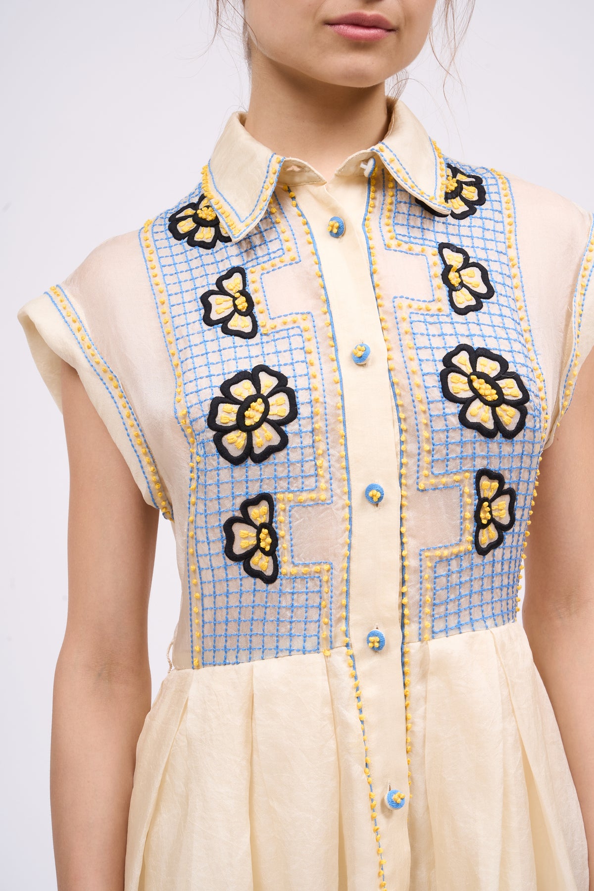 PAUL & JOE HYACINTHE robe-chemise soie brodée midi main