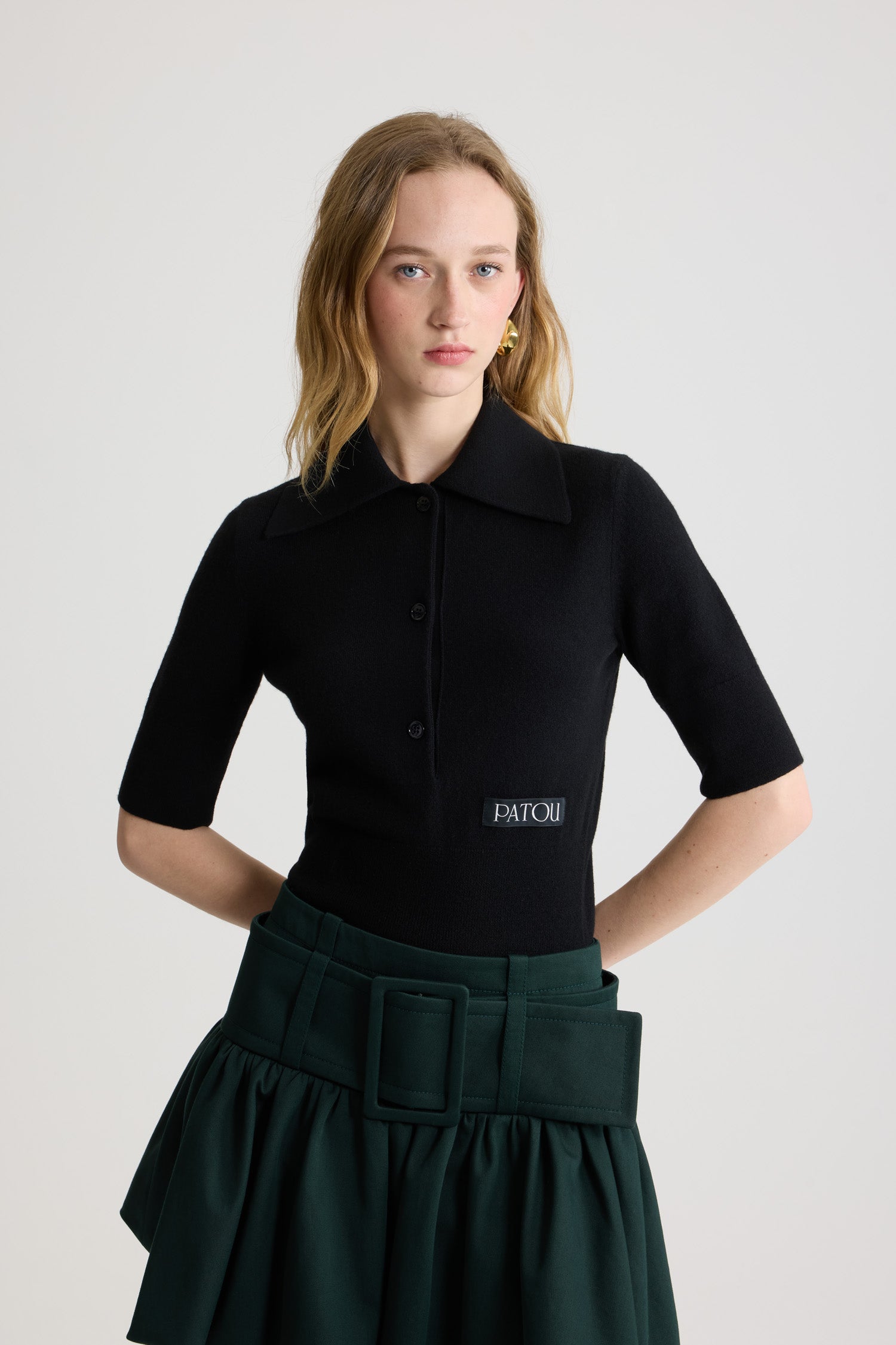 Patou polo KN305 laine cachemire noir ajusté
