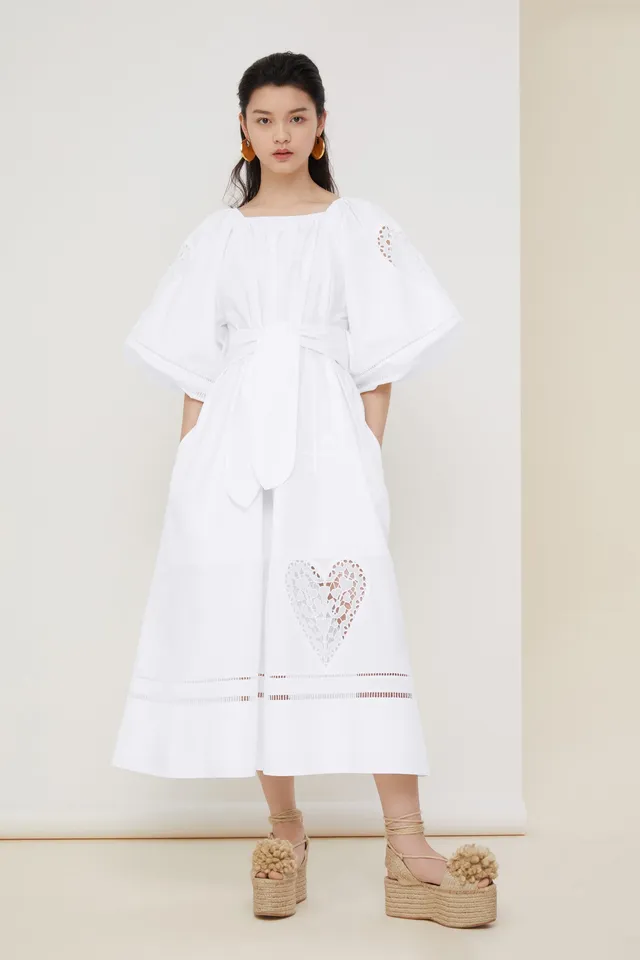 Patou DR037 robe maxi popeline blanche ajourée