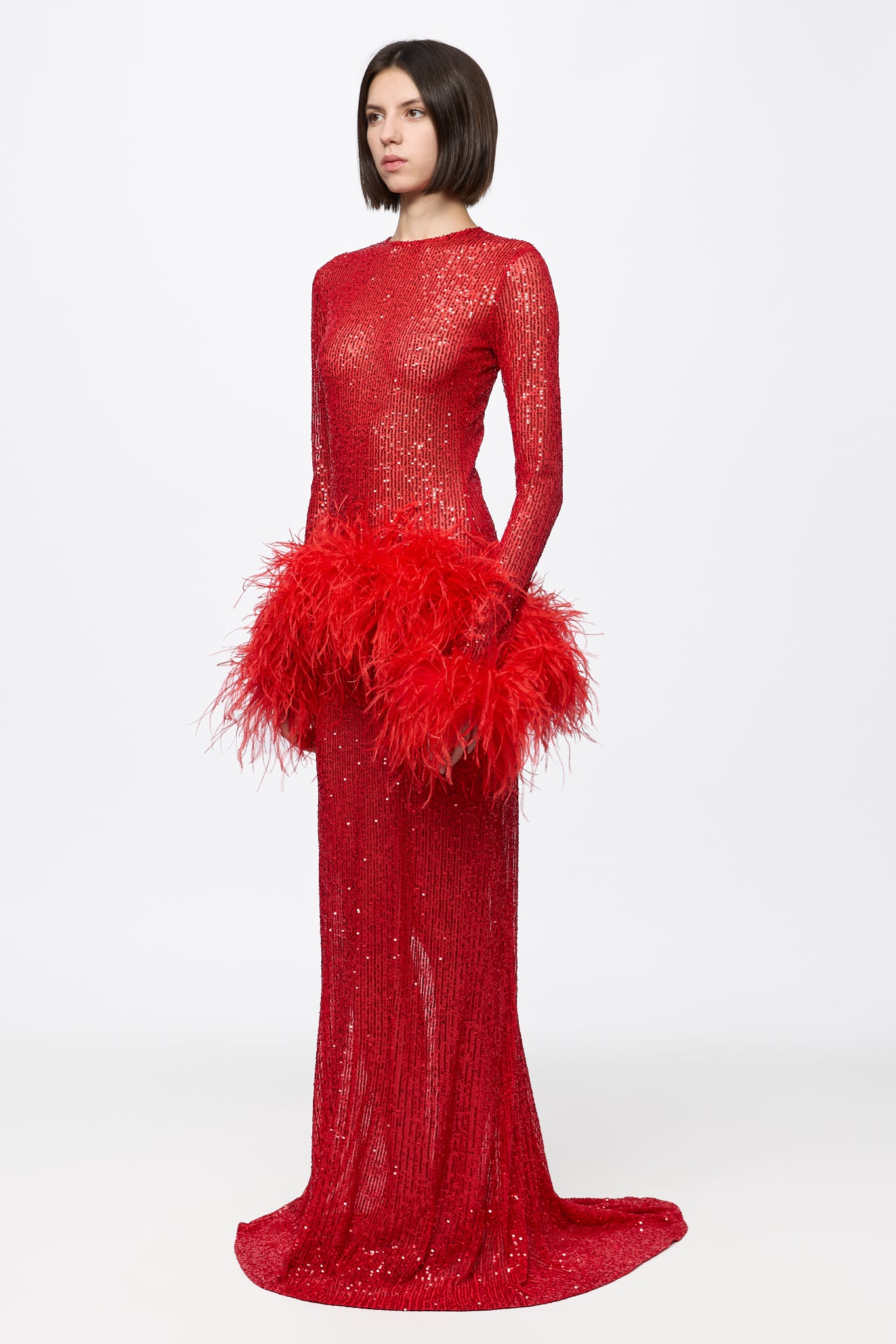 ATU Body Couture High Neck Sequin robe plumes rouge taille S