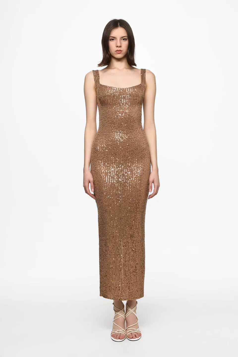 ATU Body Couture Sequins and Feathers robe midi sequins marron taille S