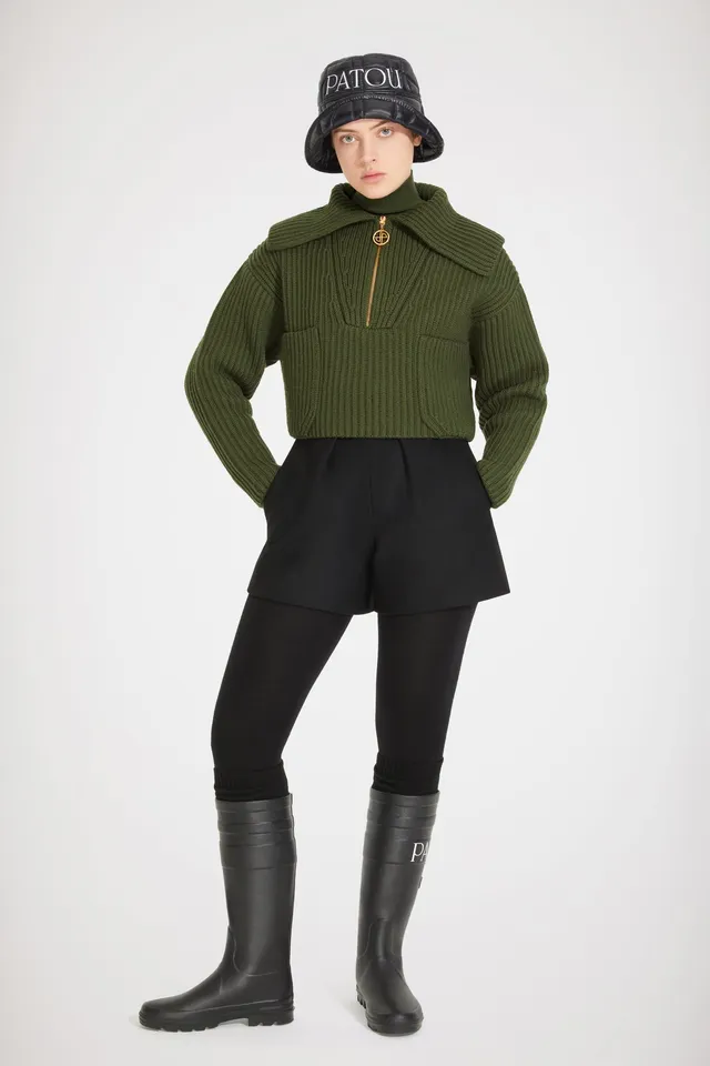 Patou H22KN0908055 pull laine kaki col zippé