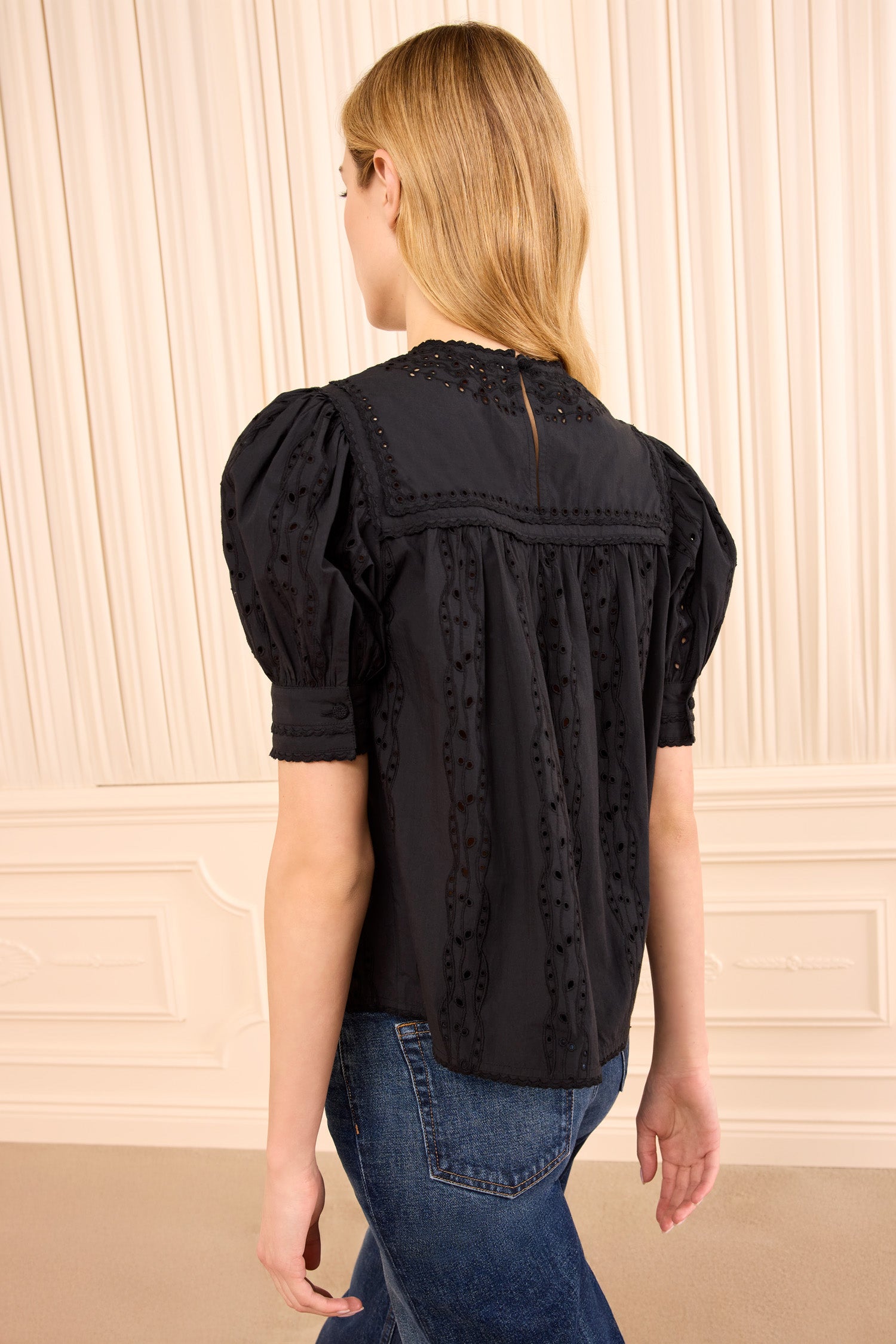 Ulla Johnson Una Top Coton Noir Broderie Manches Courtes
