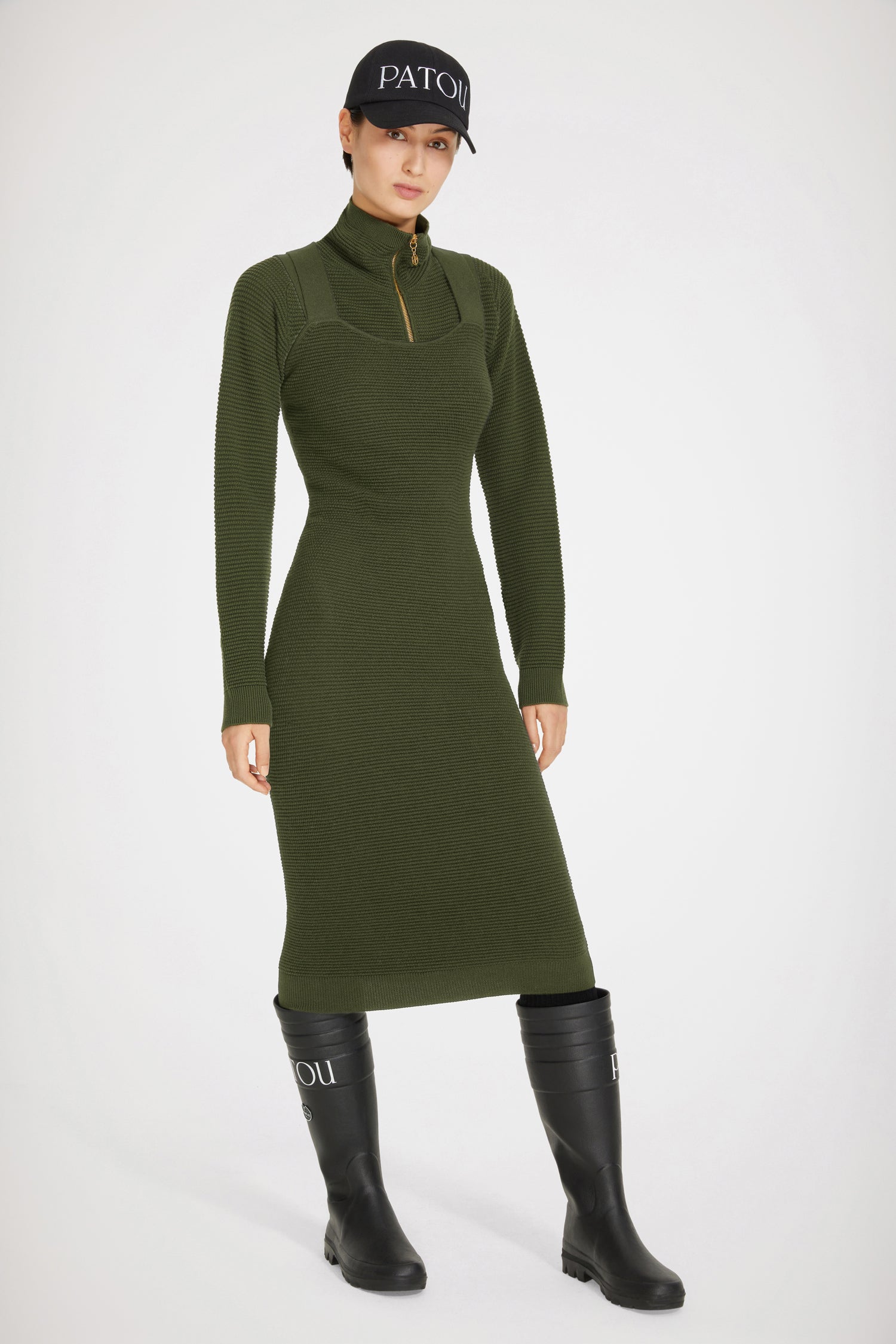 Patou KN098 robe midi kaki en laine vierge dos croisé