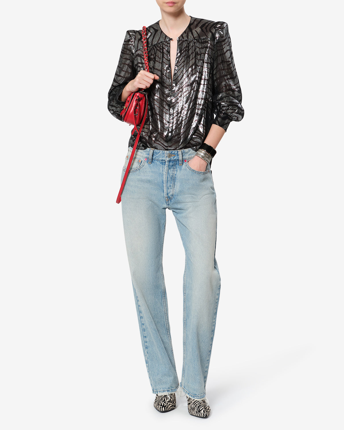 Isabel Marant Farali chemisier soie noir et argenté
