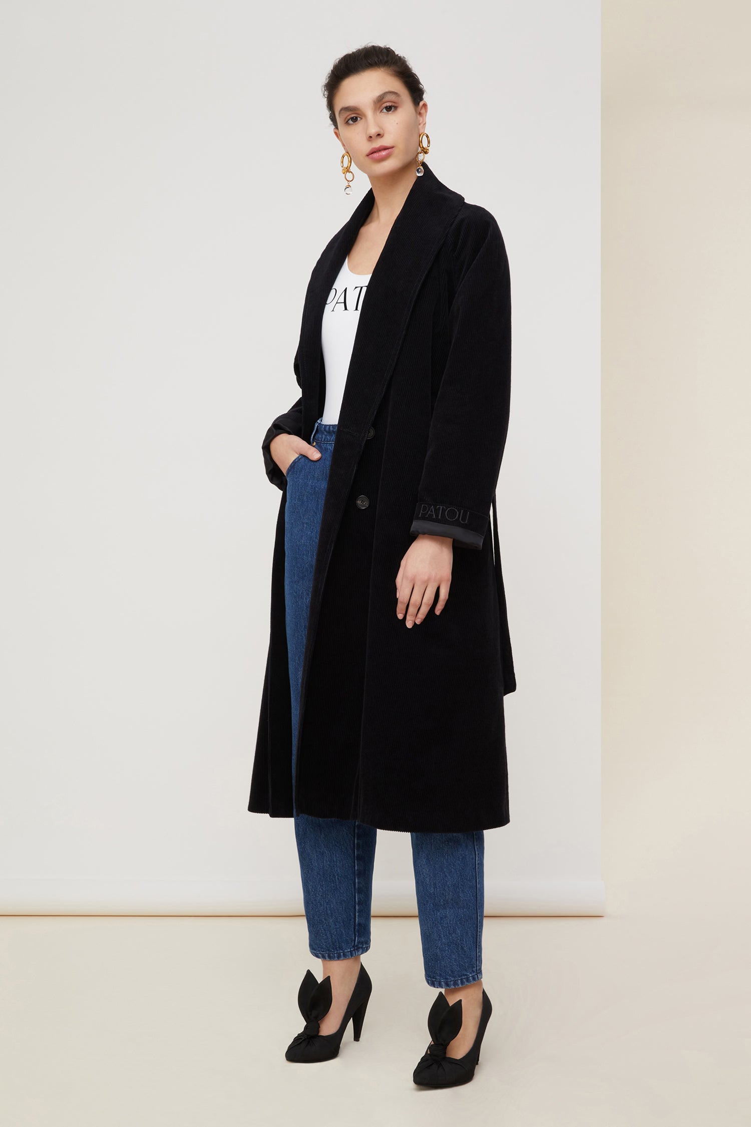 Patou trench CO005 manteau velours noir ceinturé