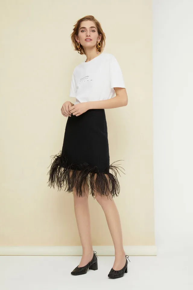 Patou E20SK0120047999B mini jupe tweed coton noir plumes