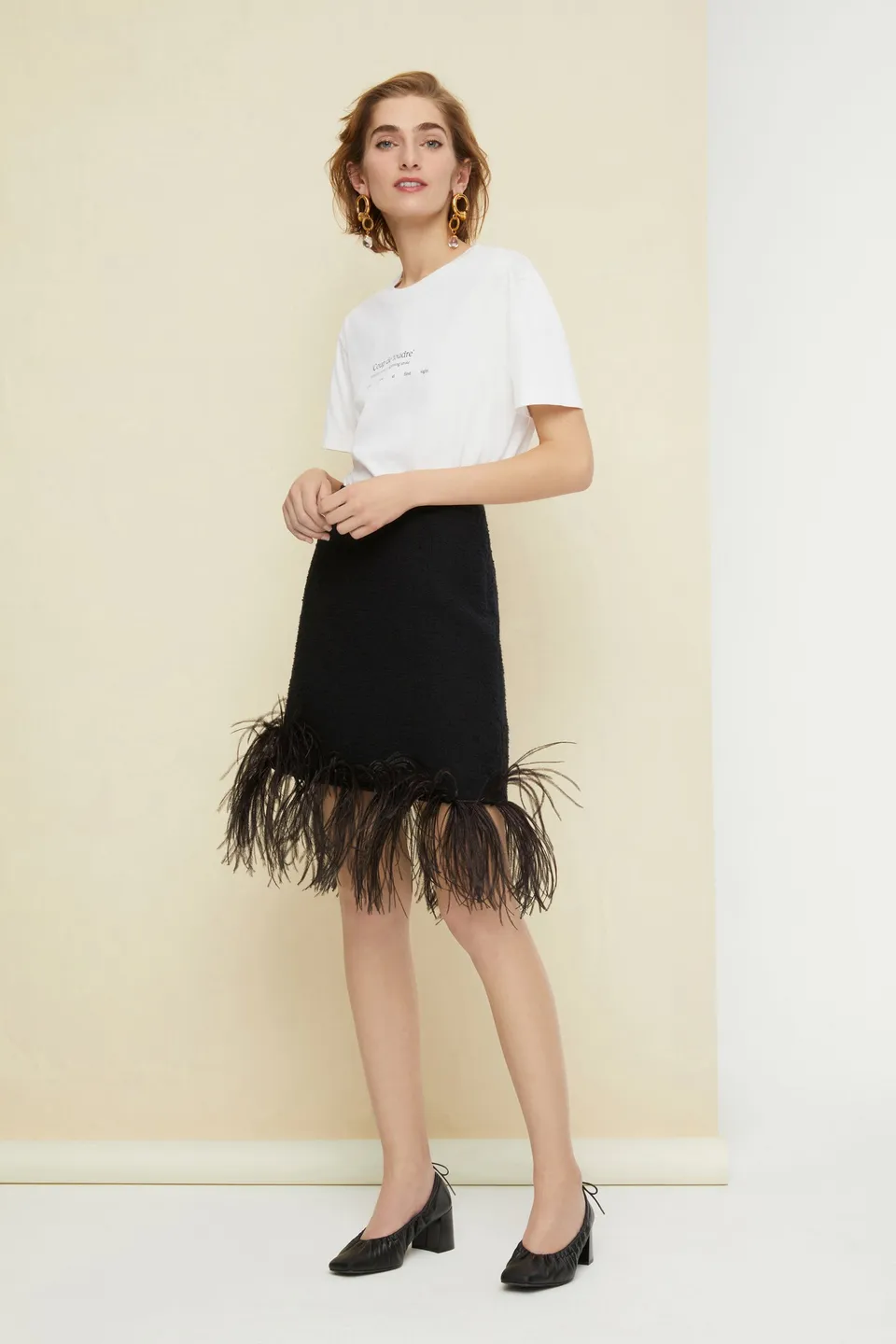 Patou E20SK0120047999B mini jupe tweed coton noir plumes