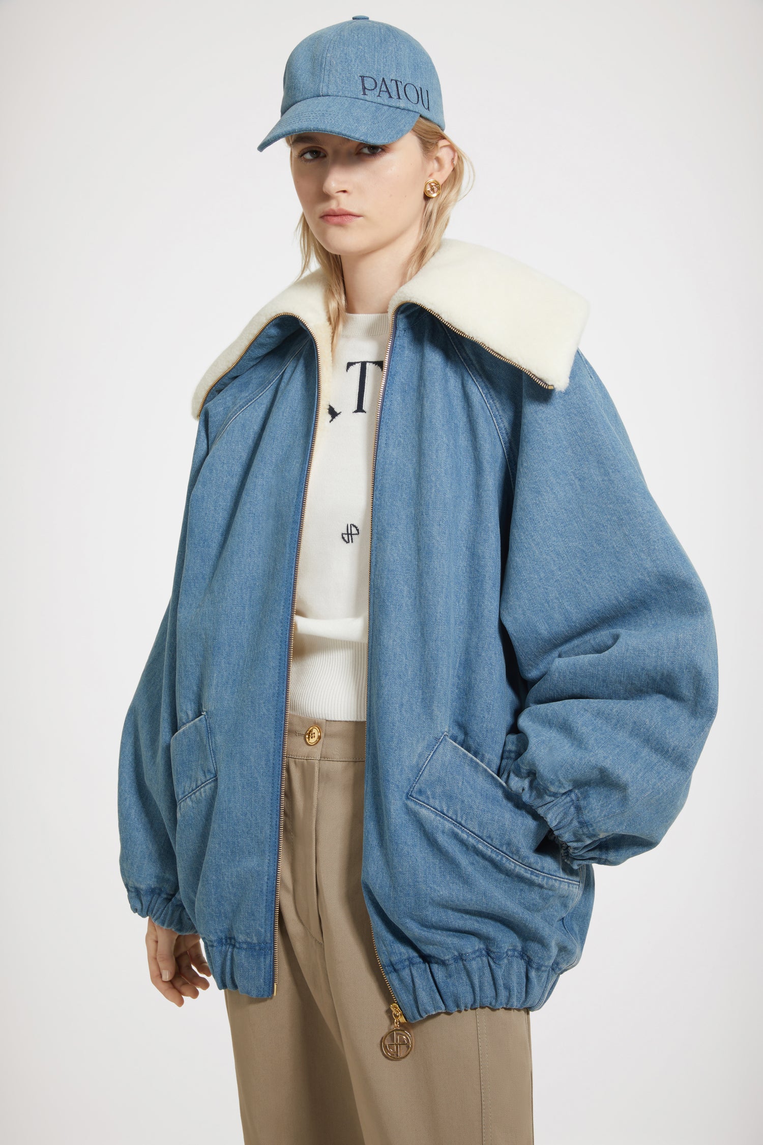 Patou H23OU0230008630B veste denim bleue oversize shearling
