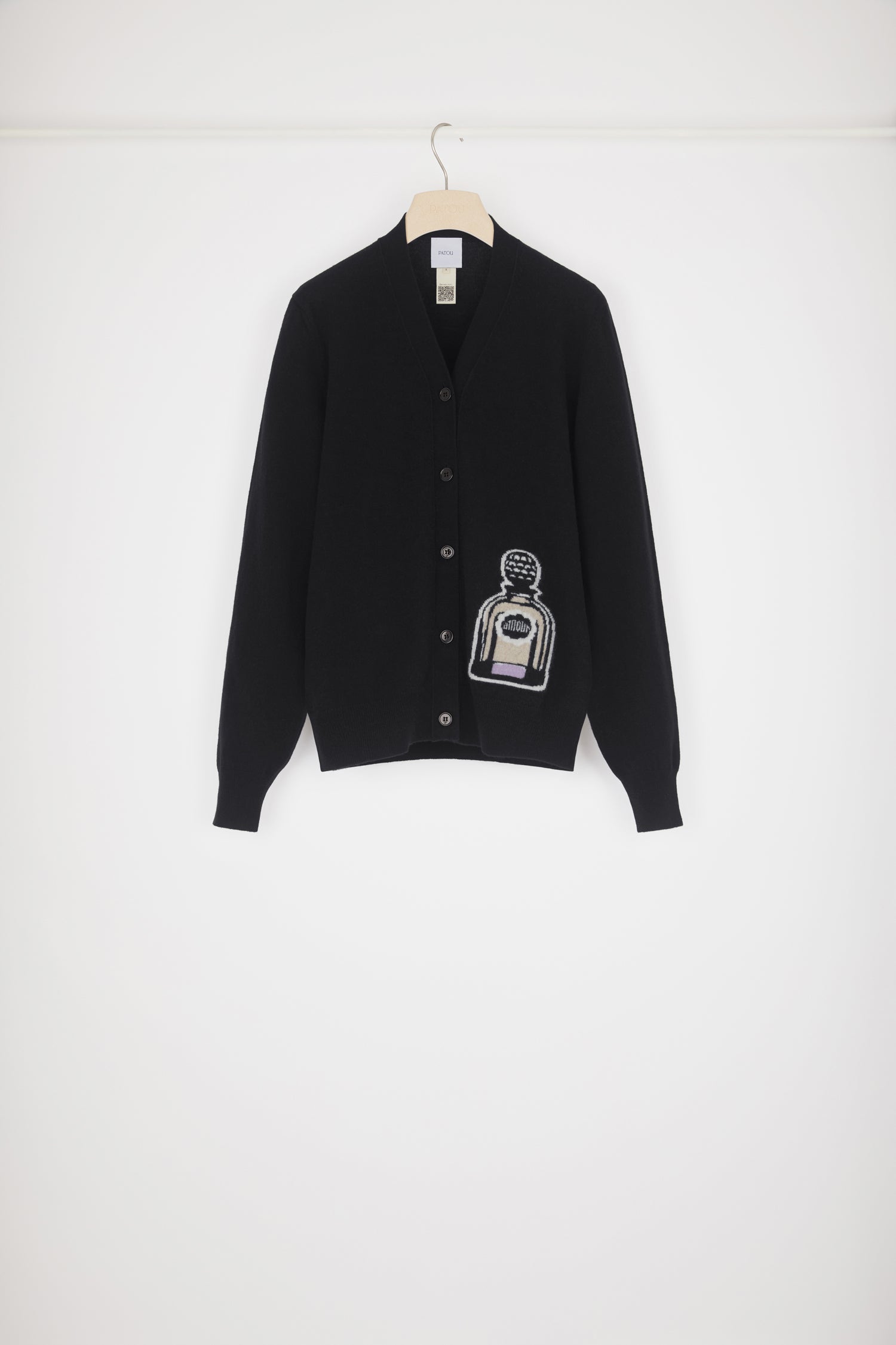 Patou Knitwear KN100 cardigan noir laine cachemire flacon