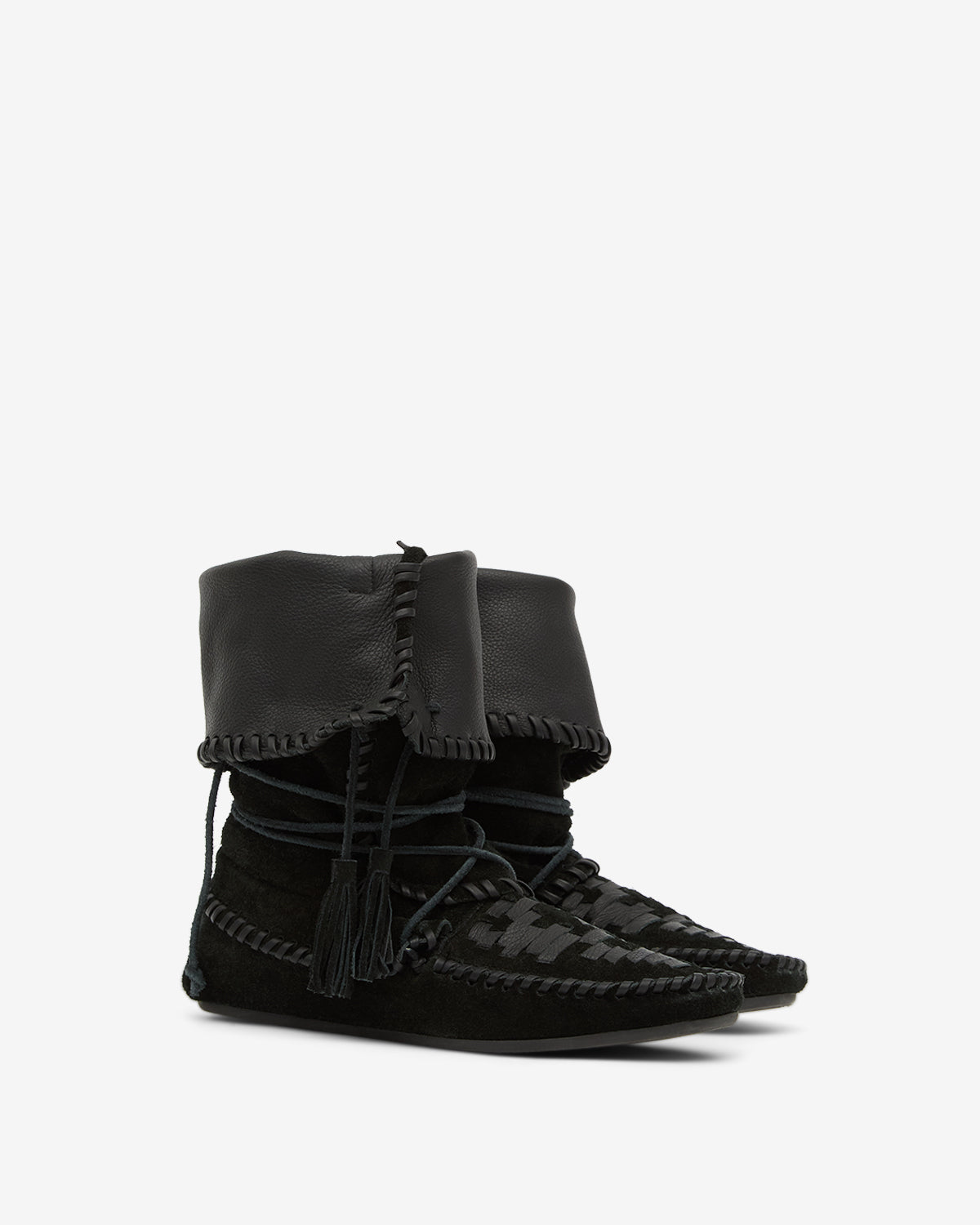 Isabel Marant Winki boots cuir noir tressé pompons