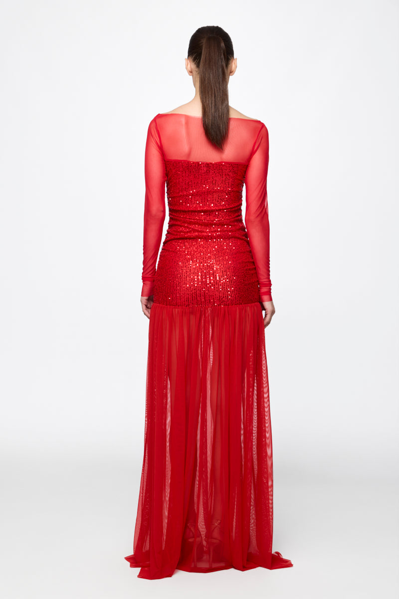 ATU Body Couture Sequins and Feathers Ruched Tulle Gown robe rouge S