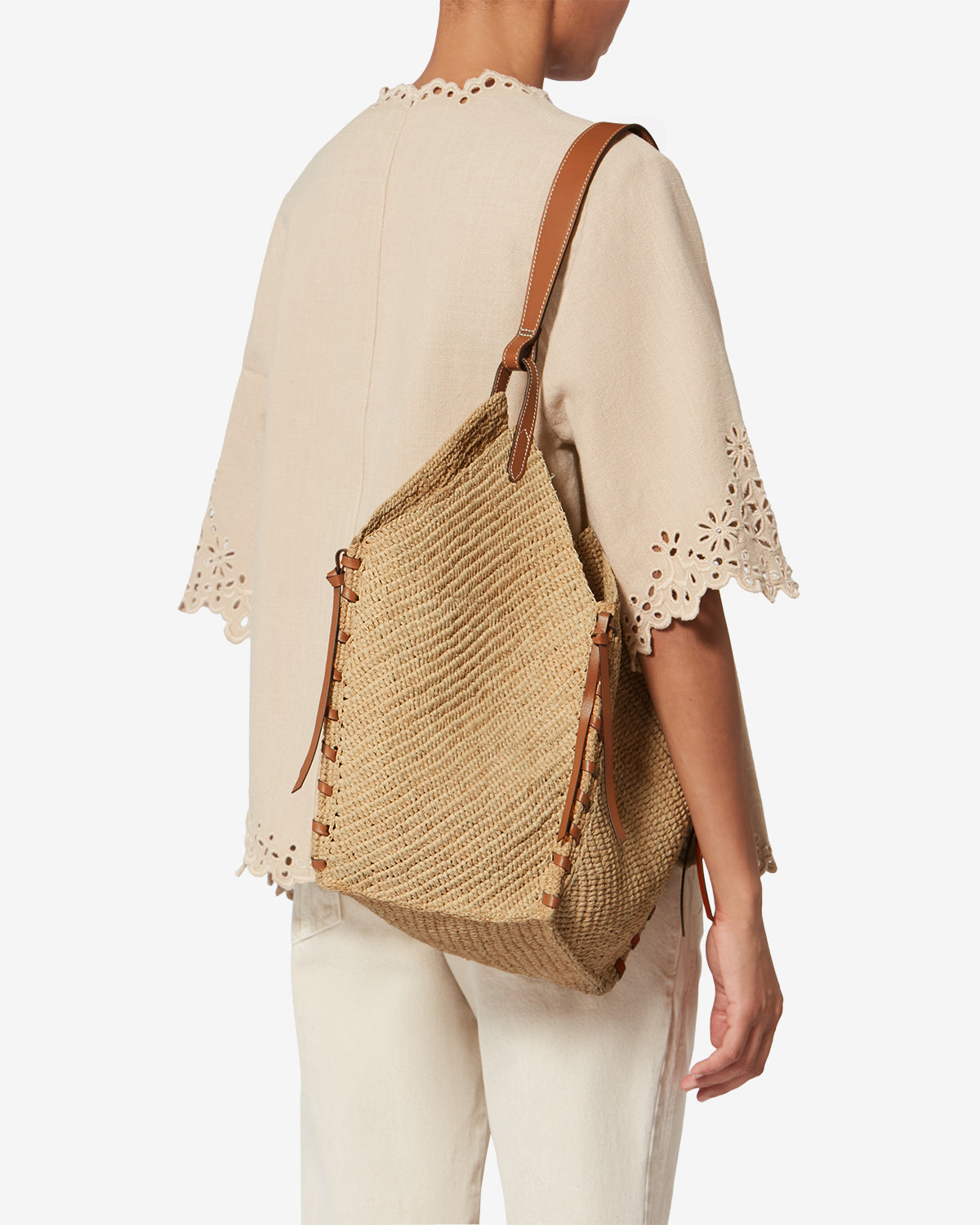 Isabel Marant Tampa sac raphia naturel-cognac 40 cm