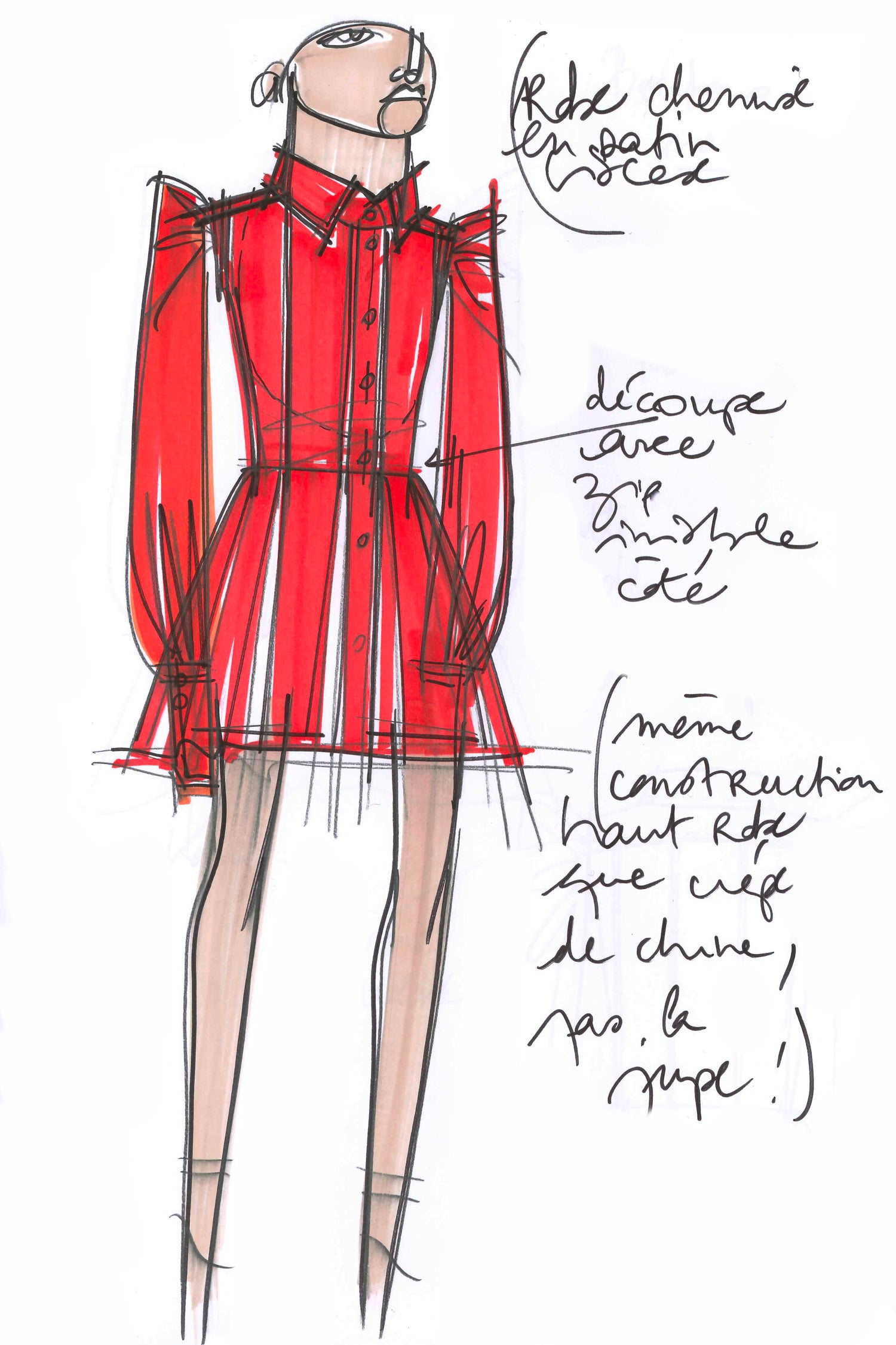 Patou DR081 robe chemise plissée mini satin rouge poppy 38