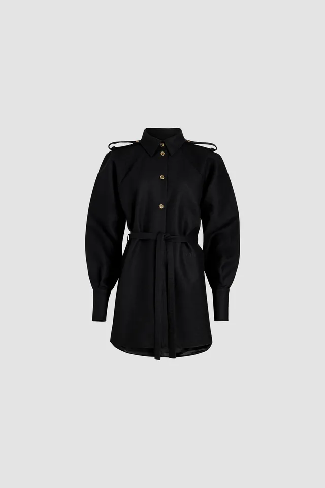 Patou DR153 robe chemise mini noire laine ceinture