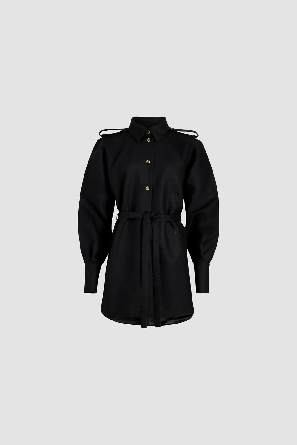 Patou DR153 robe chemise mini noire laine ceinture