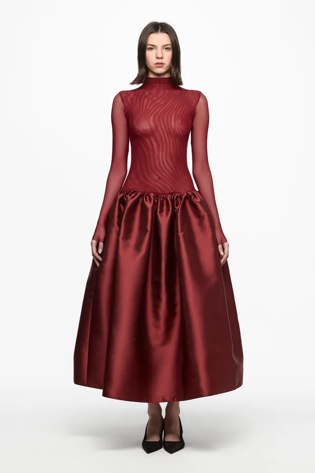 ATU Body Couture Long and formal Wine high neck tulle midi robe bordeaux S