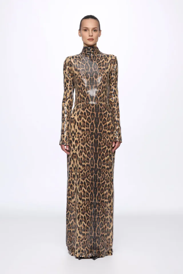 ATU Body Couture Long robe léopard sequins col montant taille S