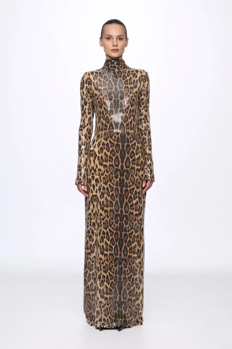 ATU Body Couture Long robe léopard sequins col montant taille S