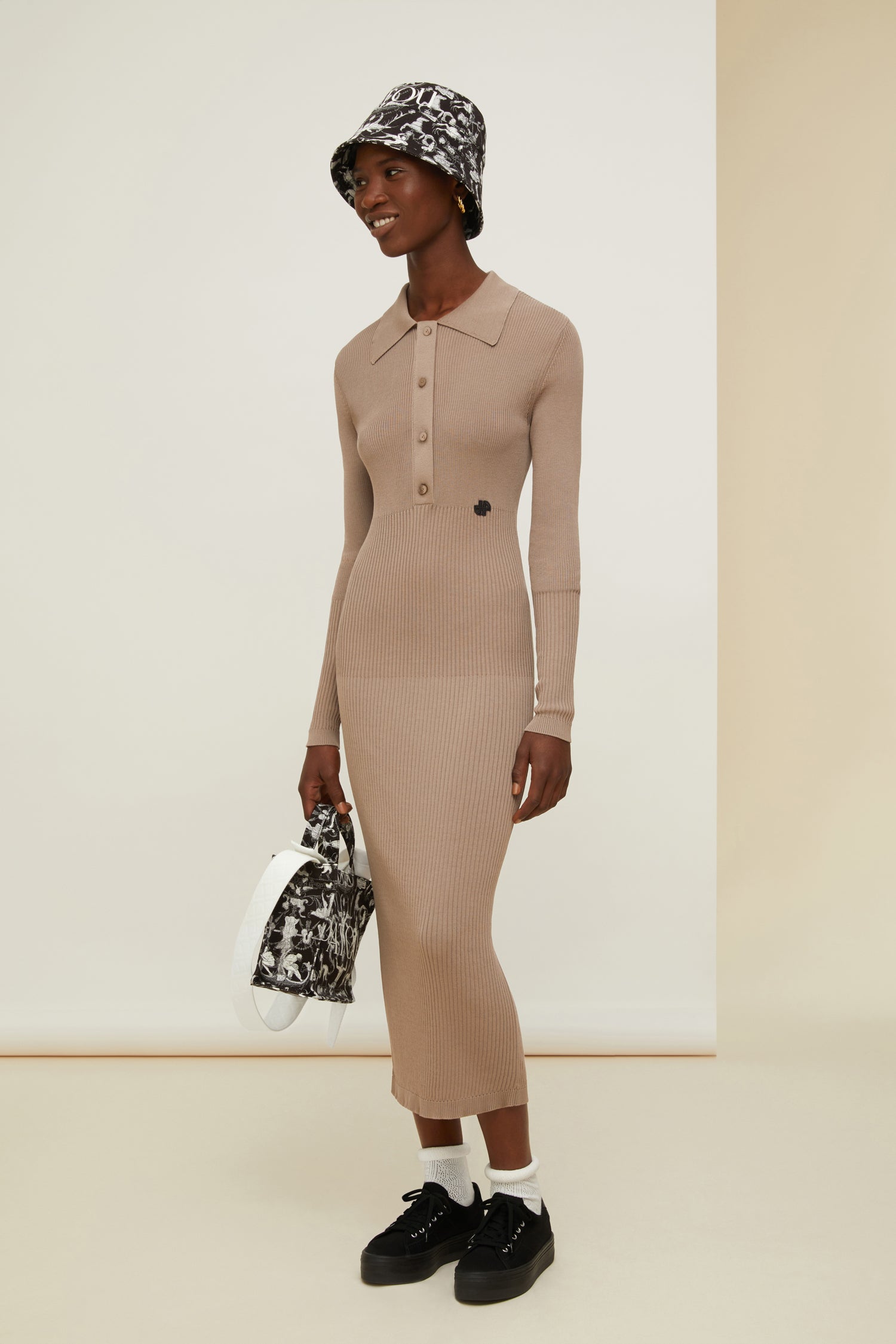 Patou KN080 robe polo coton bio Parchment midi manches longues