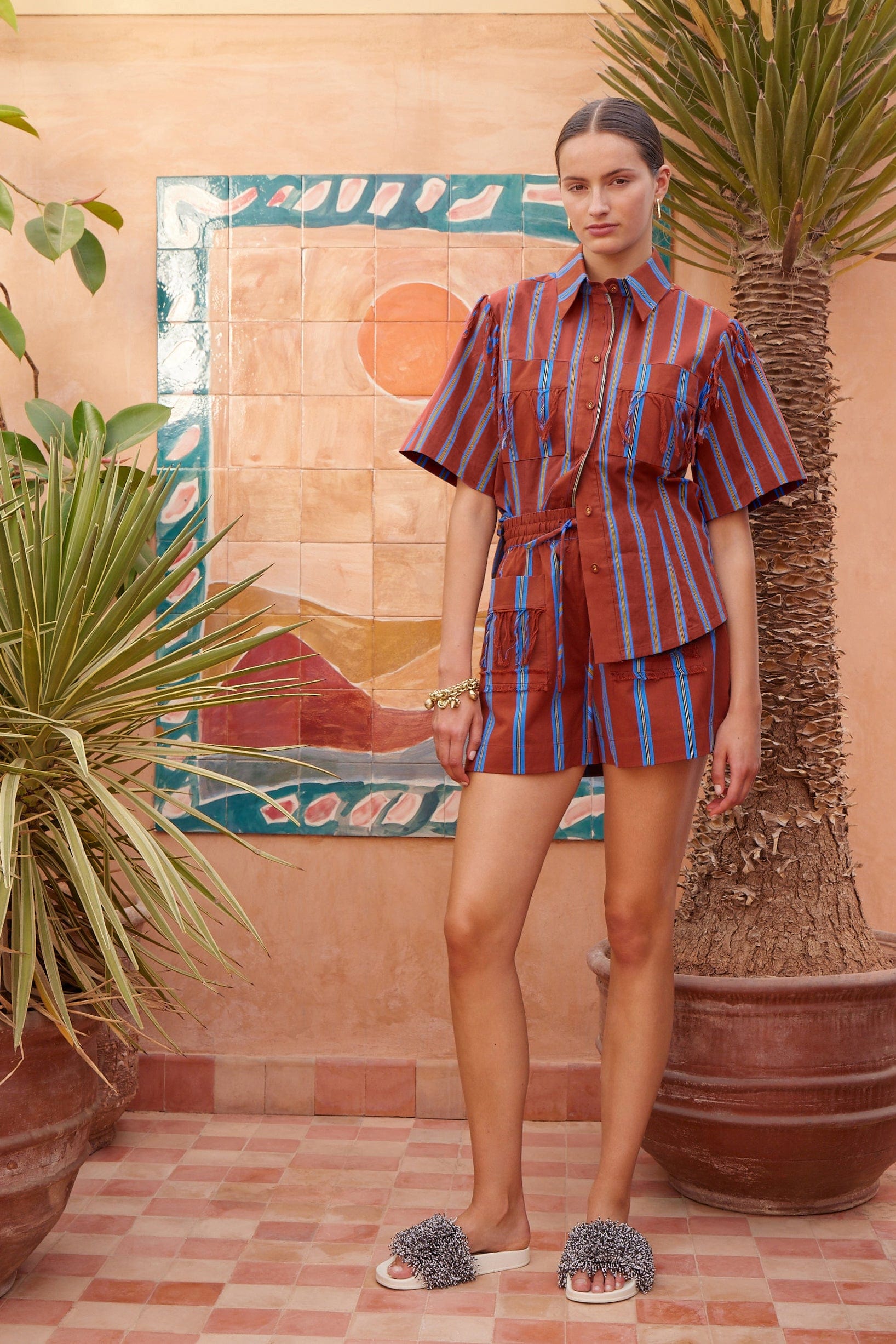 Alemäis Noura short rayé coton taille élastiquée franges