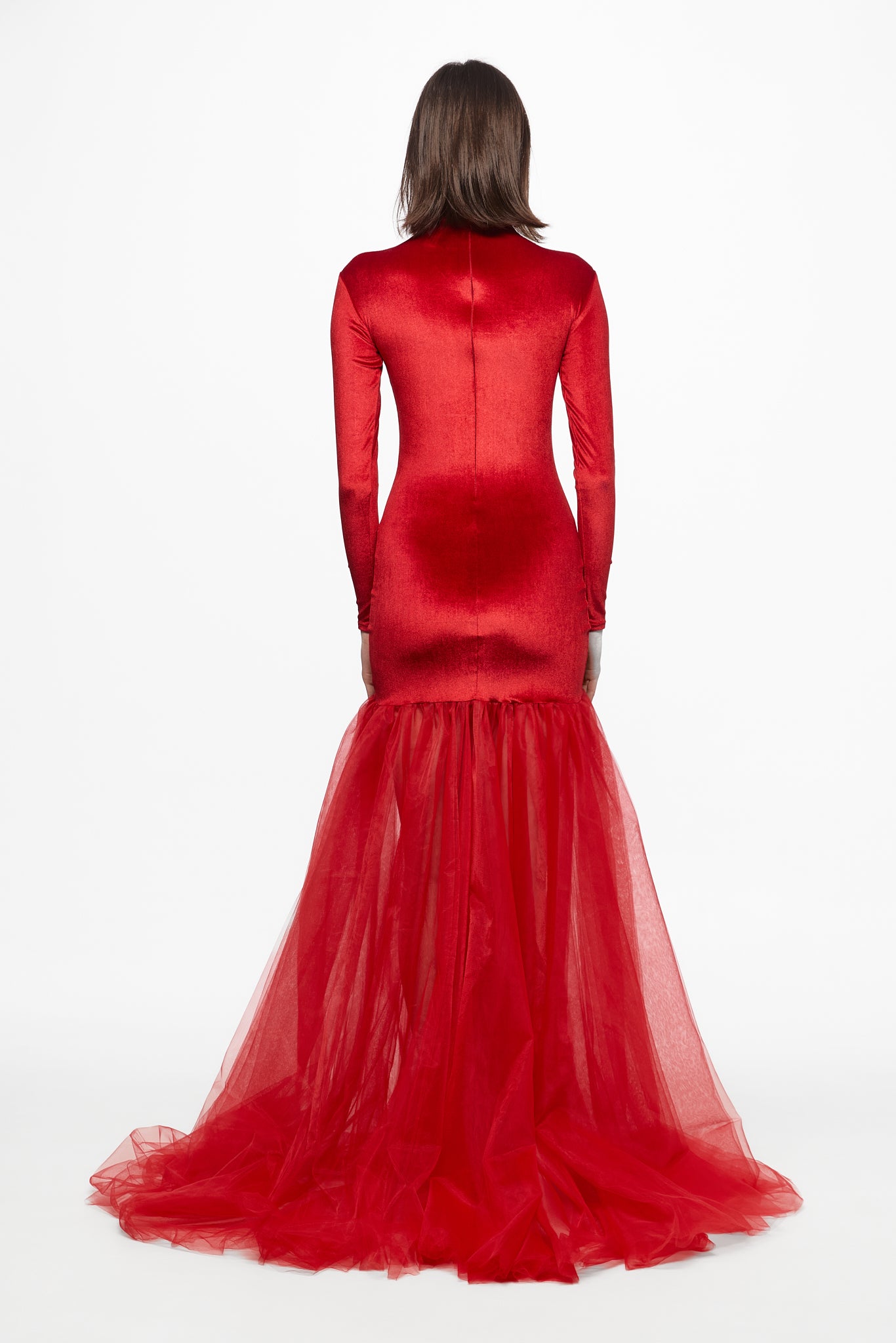 ATU Body Couture robe longue velours rouge col montant tulle