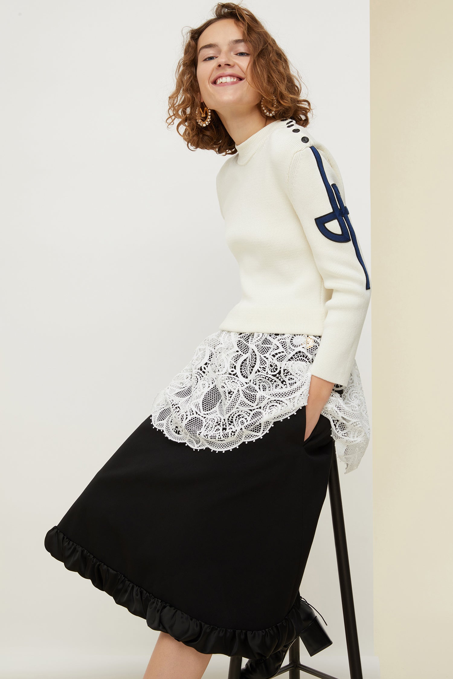 Patou P20KN015 pull coton guipure crème S