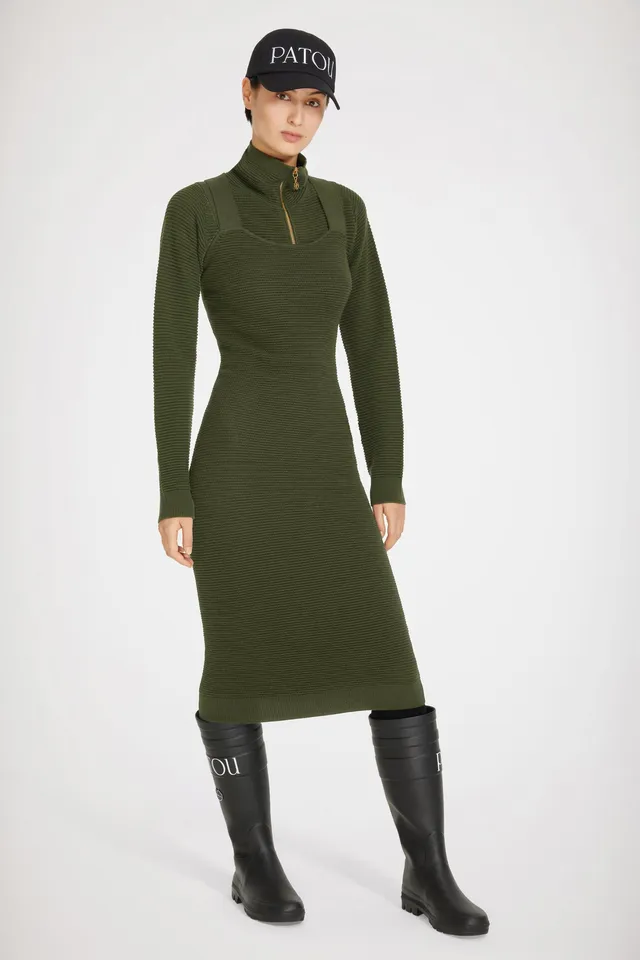 Patou KN098 robe midi kaki en laine vierge dos croisé