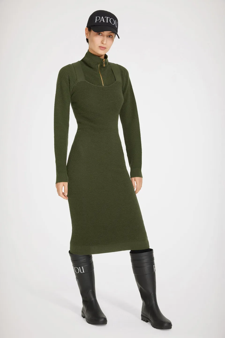 Patou KN098 robe midi kaki en laine vierge dos croisé