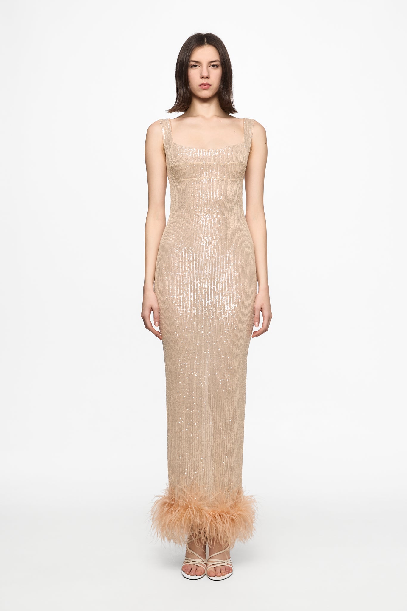 ATU Body Couture Sequins robe midi sequins nude plumes col montant