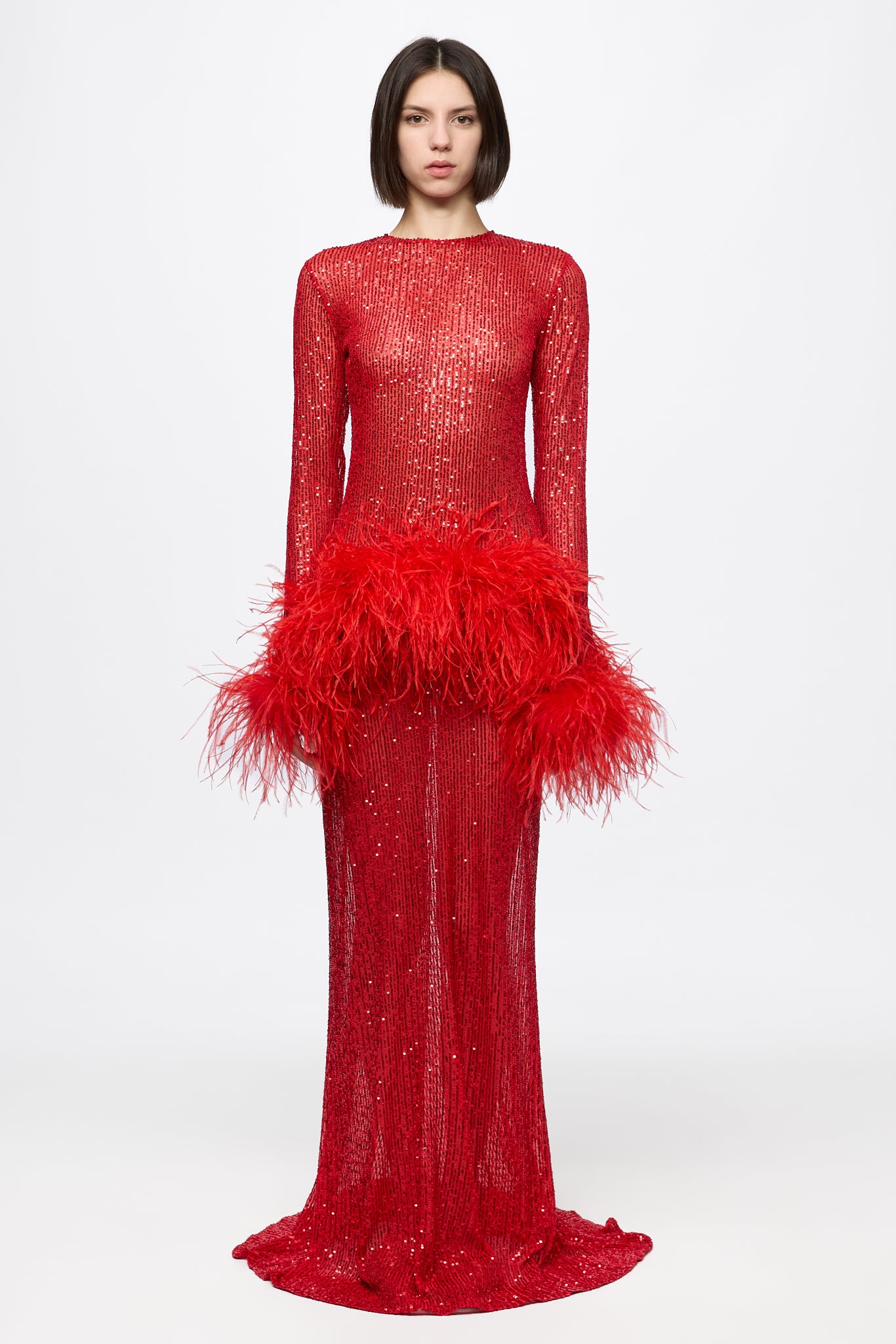 ATU Body Couture High Neck Sequin robe plumes rouge taille S