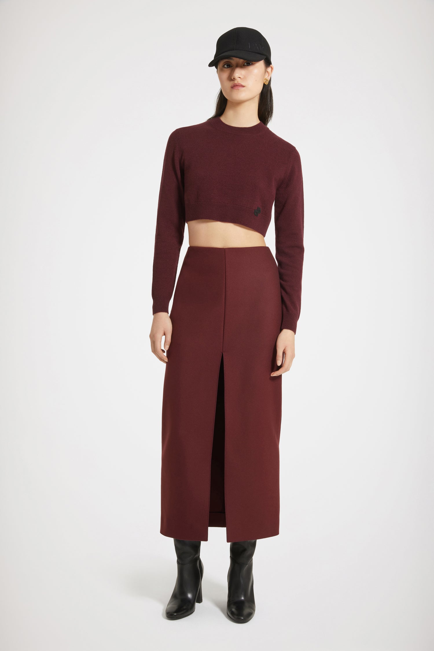 Patou SK054 jupe midi bordeaux feutre laine fendue