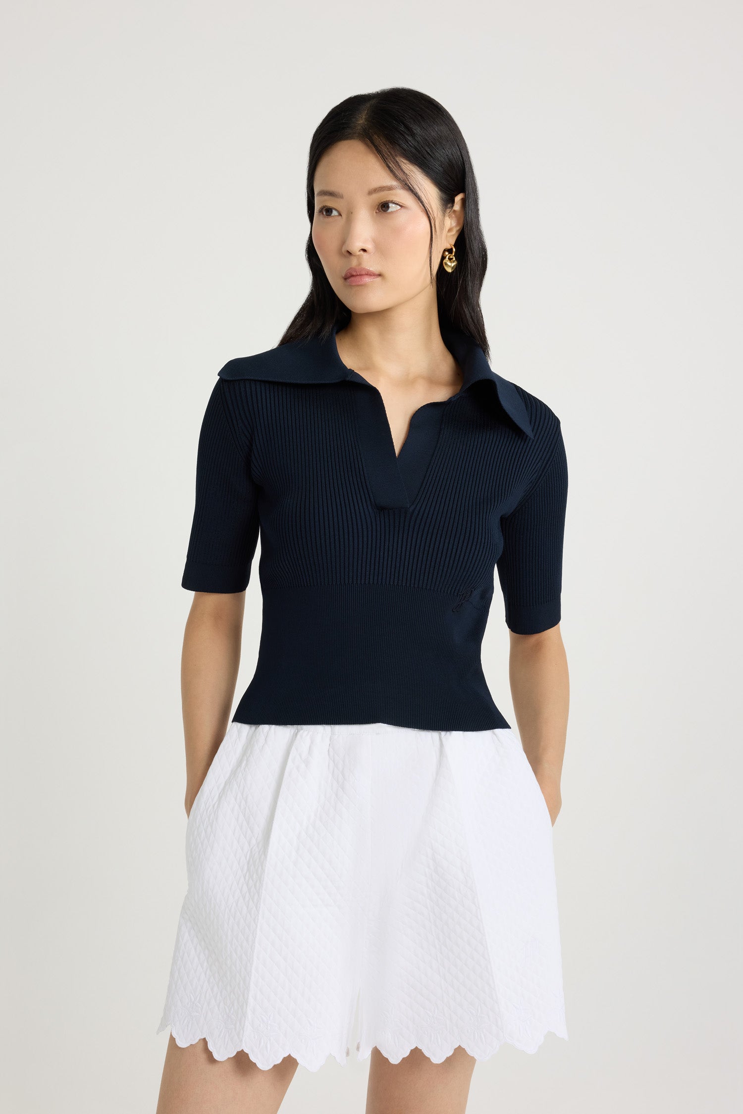 Patou KN248 polo bleu marine crêpe col large