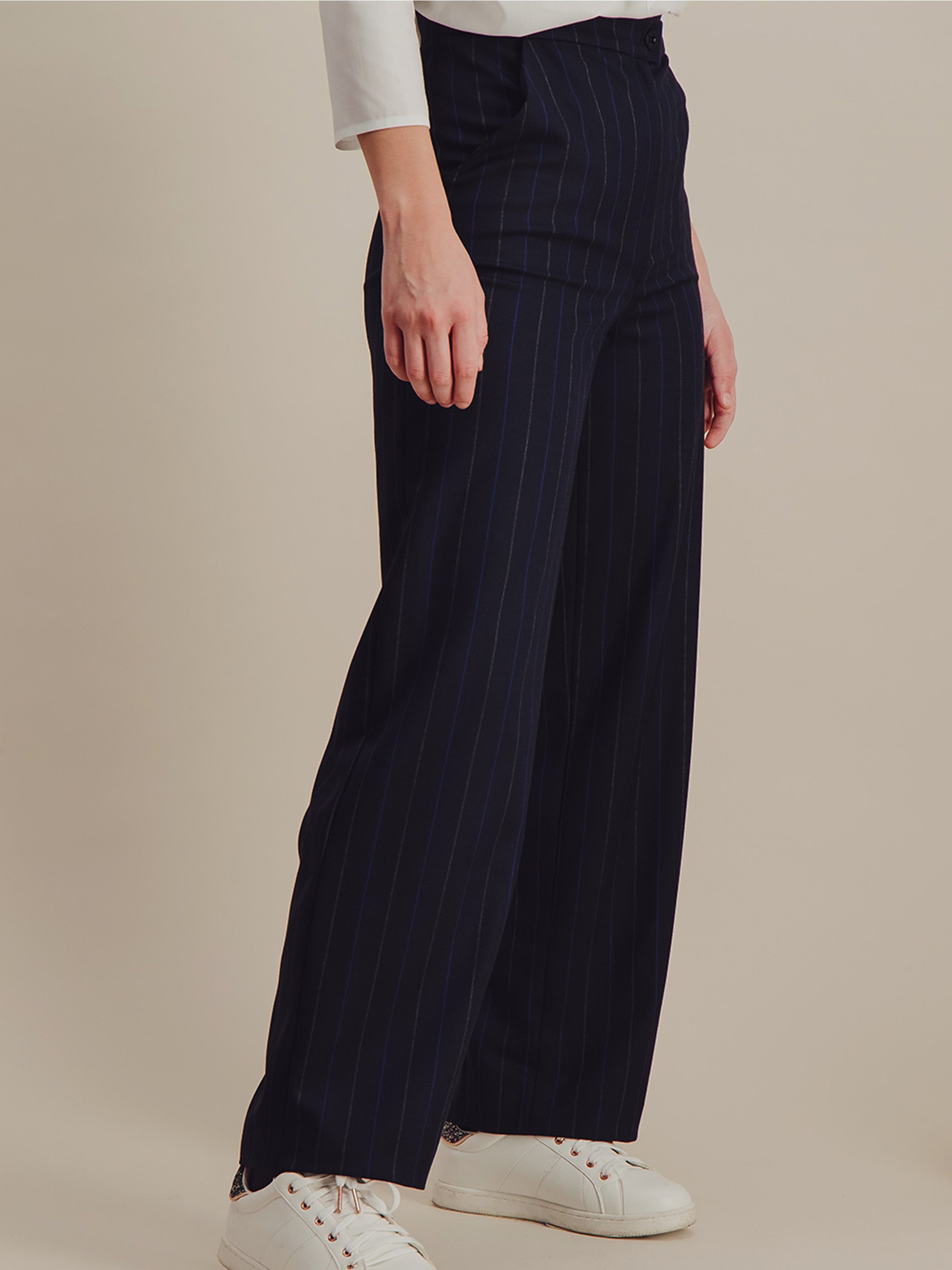 Anahide Saint André Bora pantalon tailleur laine rayé bleu