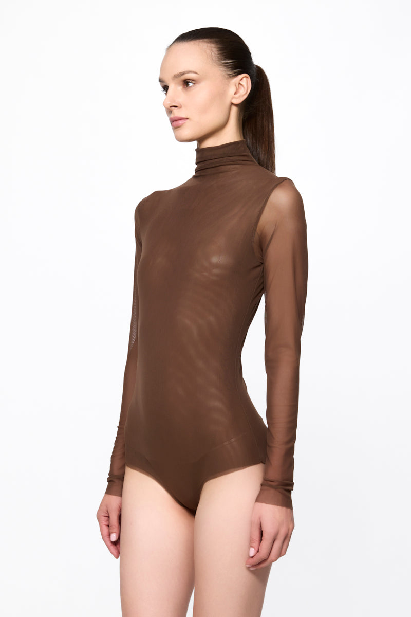 ATU Body Couture bodysuit tulle marron col montant manches longues