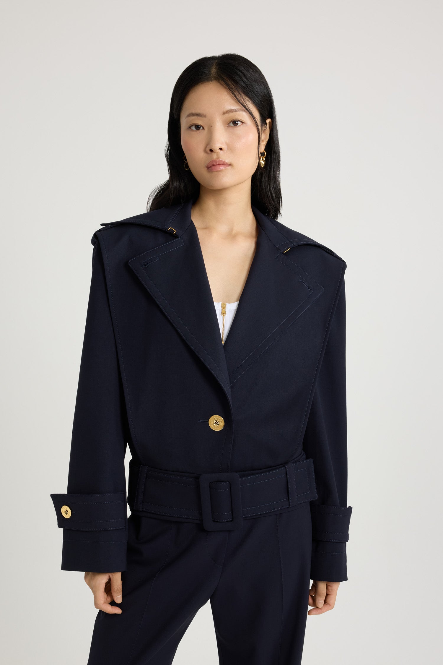 Patou OU033 veste ceinturée laine technique Navy Black