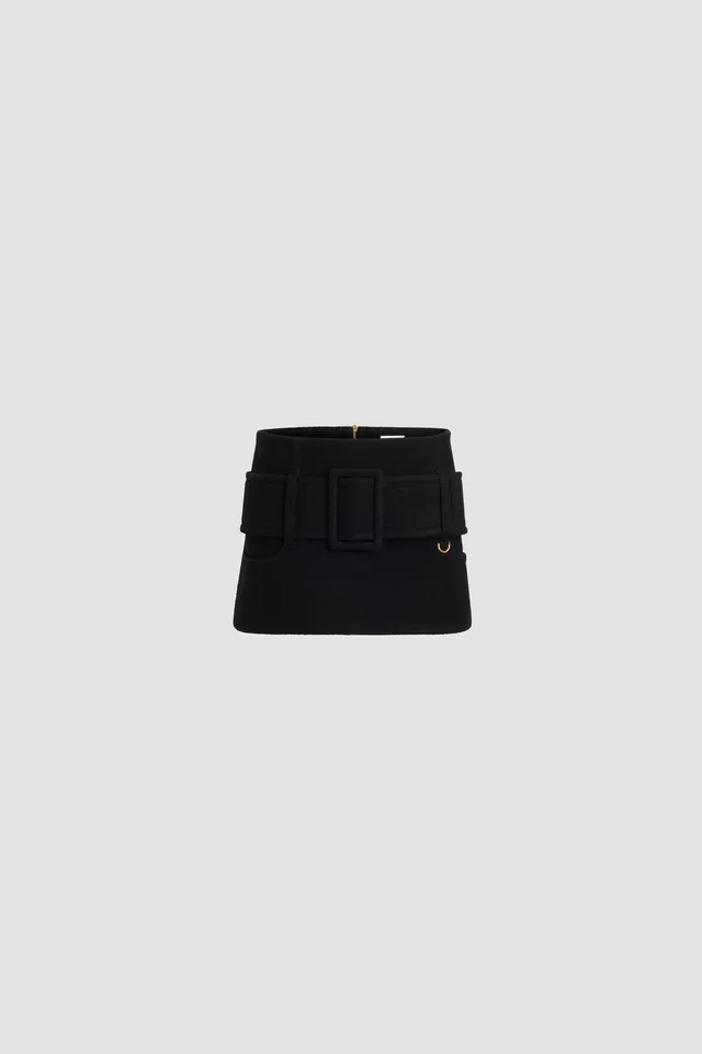 Patou SK099 mini jupe laine bouillie noire à ceinture