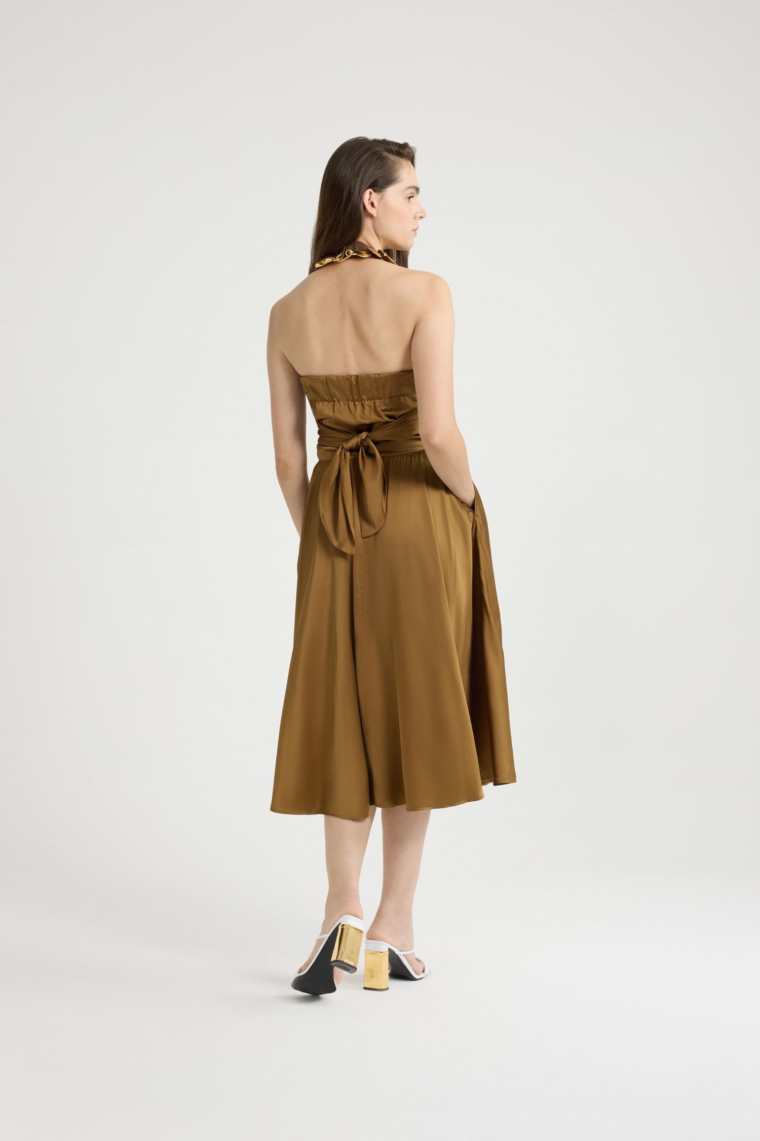 Patou robe midi satin halterneck Tobacco 38 drapée