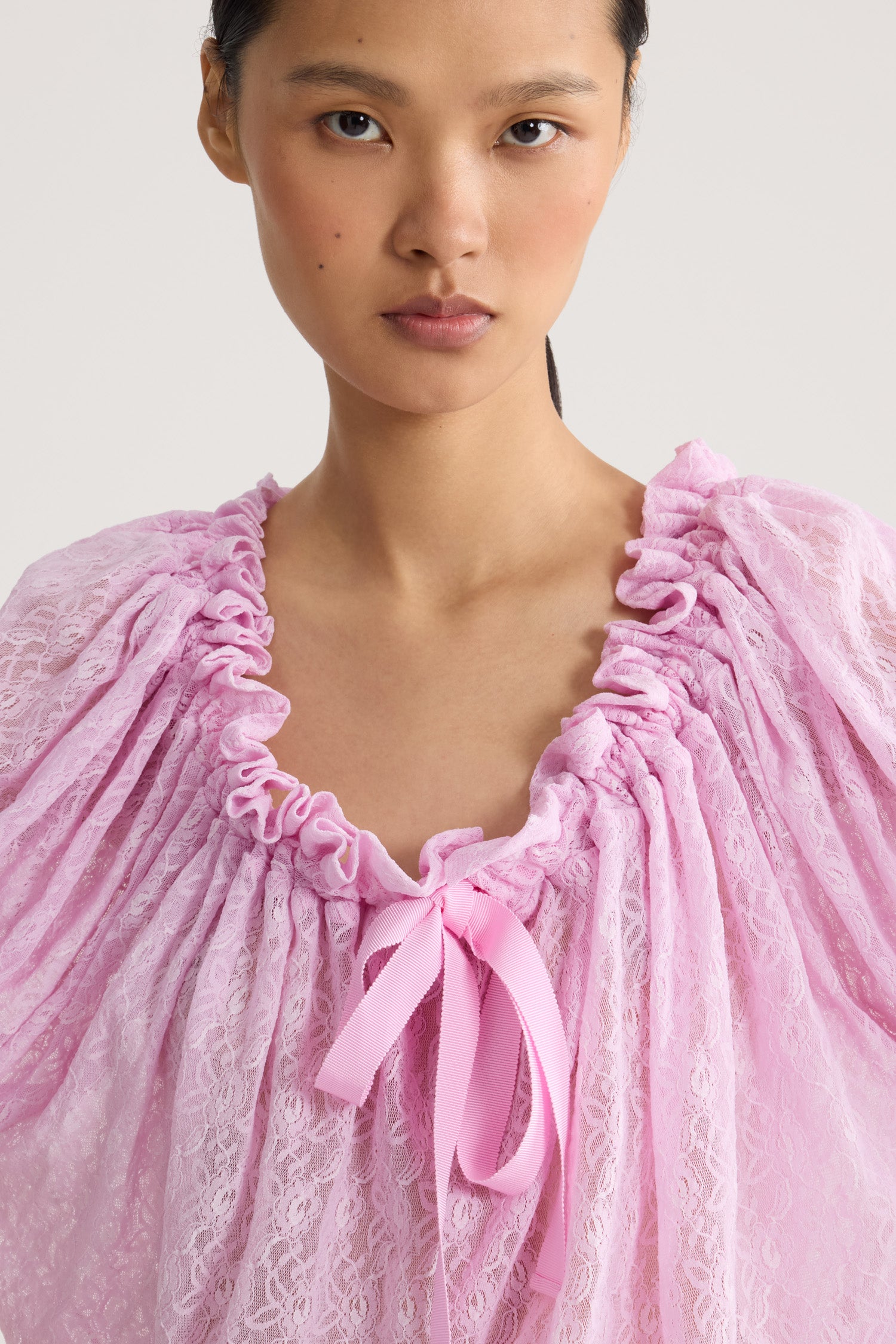 Patou voluminous top dentelle pink parfait jersey