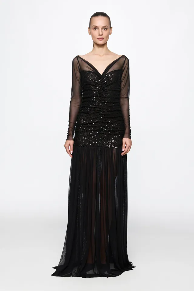 ATU Body Couture Sequins and Feathers Ruched Tulle Gown robe noire S