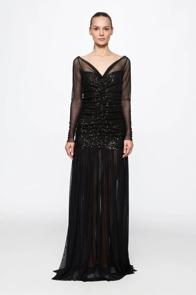 ATU Body Couture Sequins and Feathers Ruched Tulle Gown robe noire S