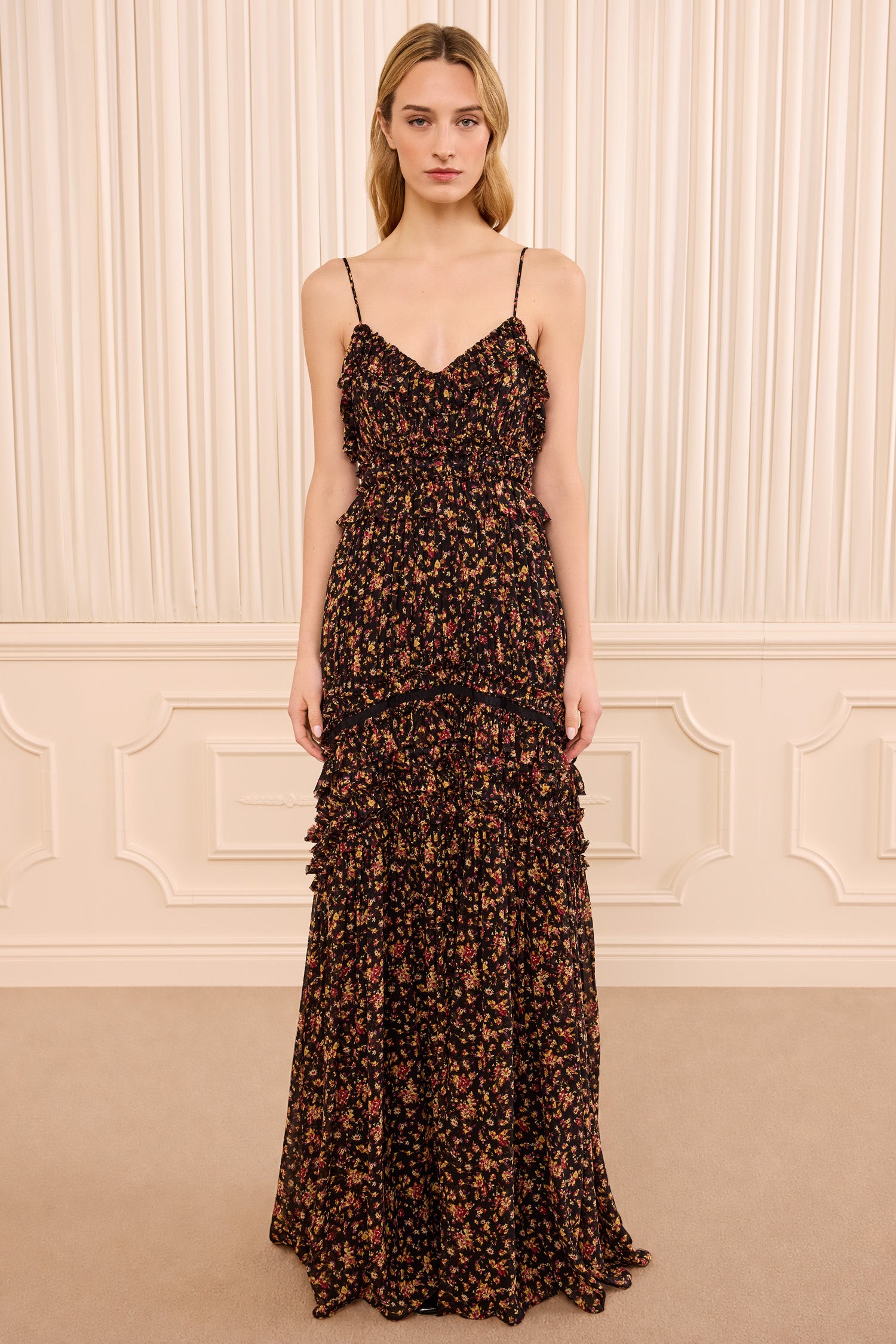 Ulla Johnson Dorothea Robe Longue Soie Noir Mille Fleur Volants