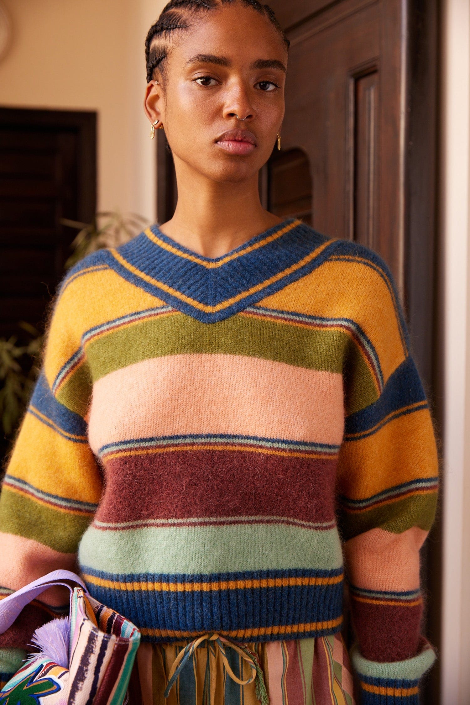 Alemäis Dusk V Neck Knit pull col V mohair rayé
