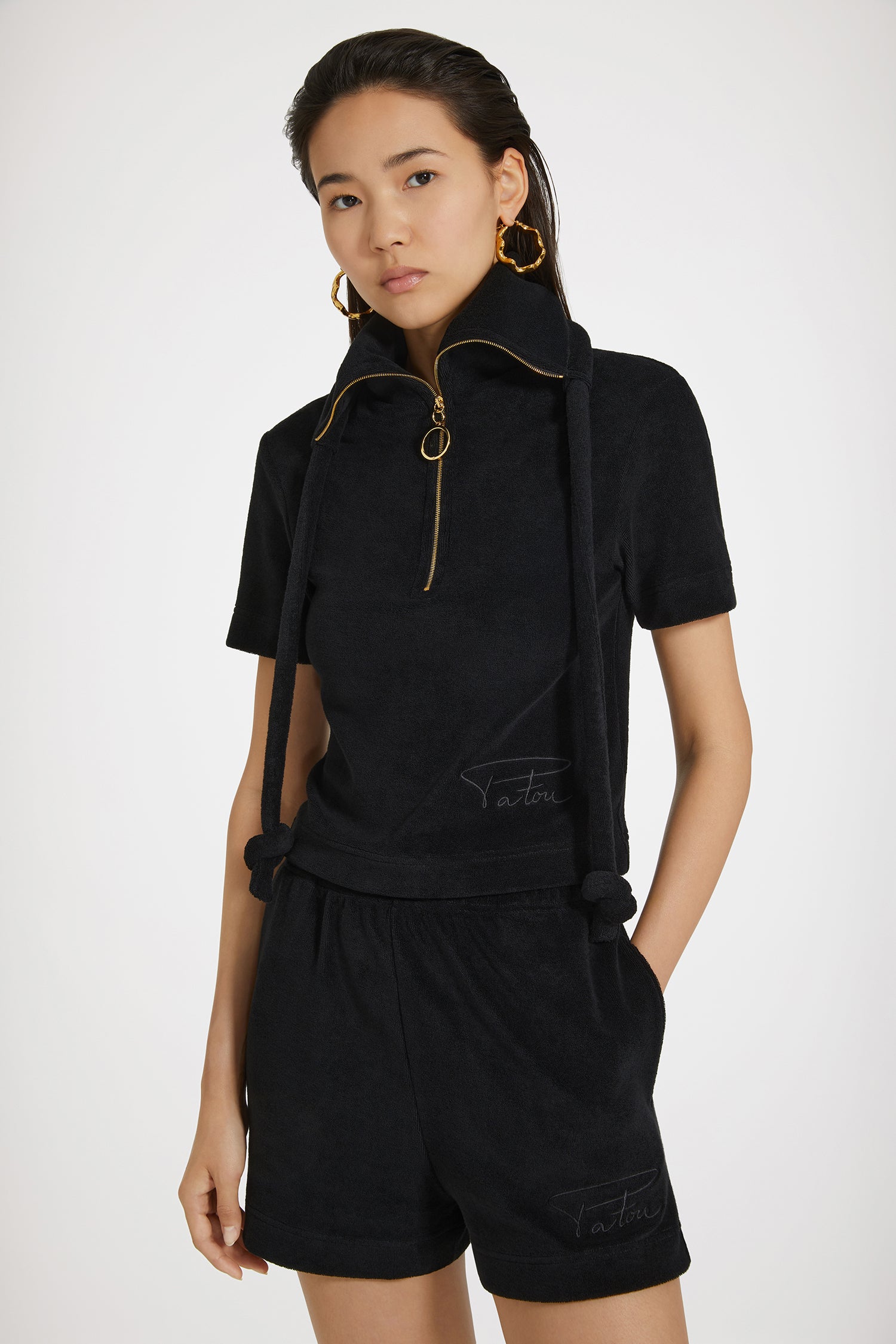 Patou P24JE101 polo demi-zip noir coton bio éponge