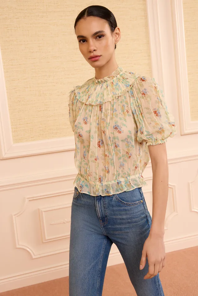 Ulla Johnson Solenne Top soie Moon Petal jaune manches courtes