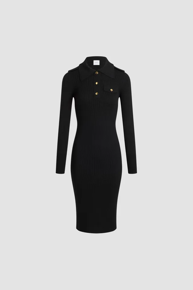 Patou KN268 robe midi maille côtelée laine noire